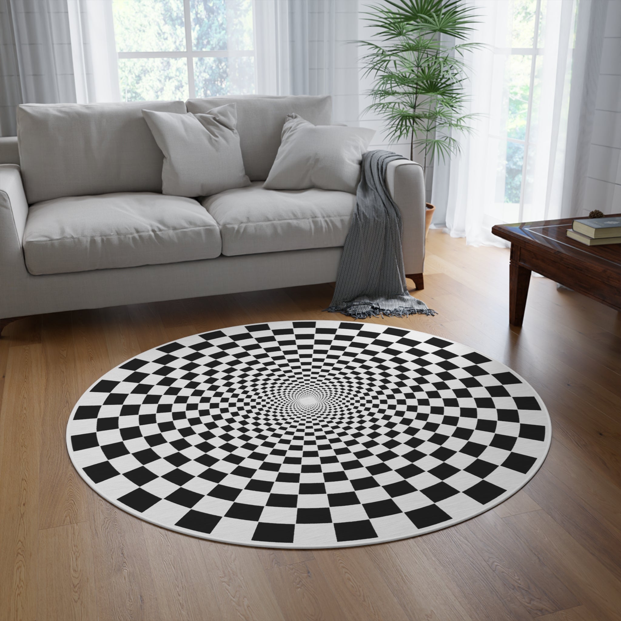 Load image into Gallery viewer, Checkered Hole Optical Illusion 60&quot; Diameter Rug - Black on White
